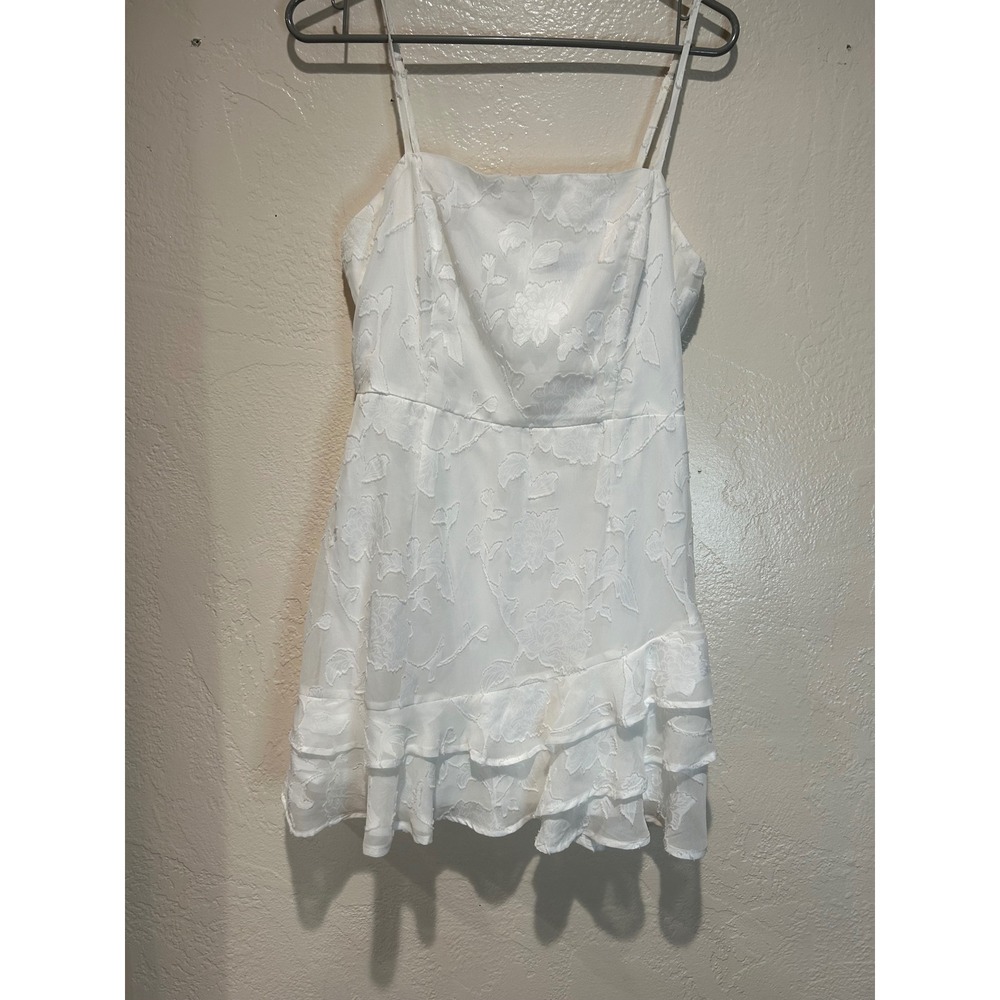 Lulus White Floral Burnout Ruffle Mini Dress Square Neck Spaghetti Strap Medium
